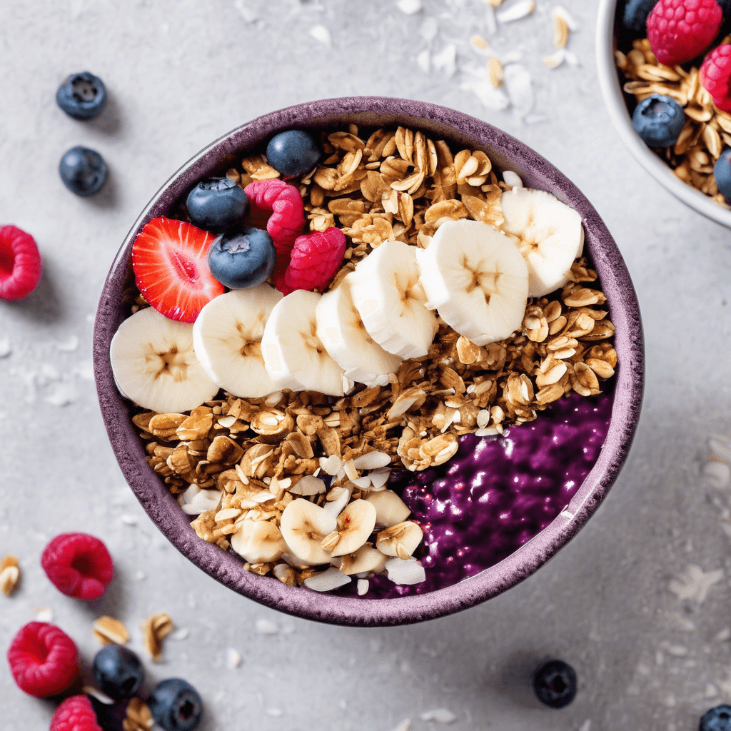 A delicious and healthy acai bowl topped with fresh berries and banana slices.